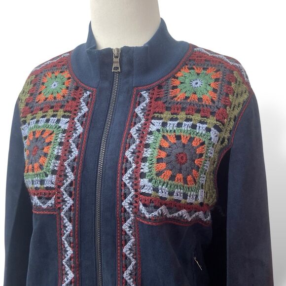 BCBG Maxazria Women Upas Cape Jacket Size L Blue Granny Square Full Zip Pocket - Picture 2 of 11